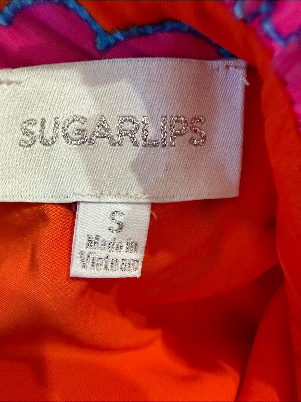 SugarLips Orange Dress with Hot Pink & Teal Floral Trim size SMALL - Picture 4 of 5